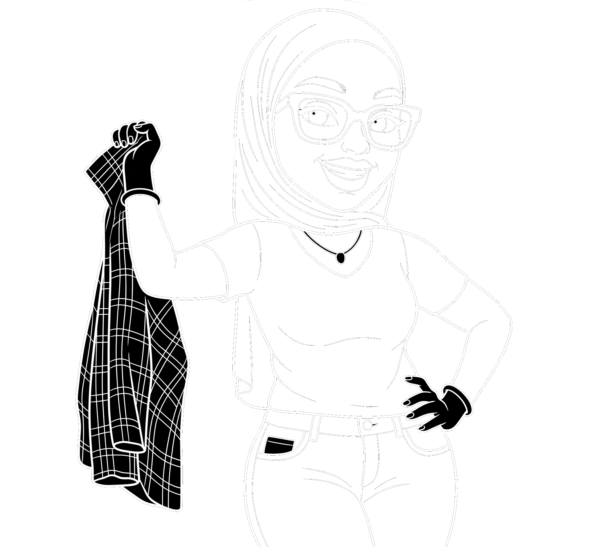 Line-art portrait of Saida — hijab, glasses, hand on hip, flannel over the shoulder